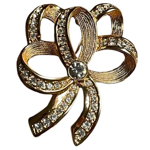 Swarovski Crystal Paved Ribbon Gold Pin Brooch - Picture 8 of 8